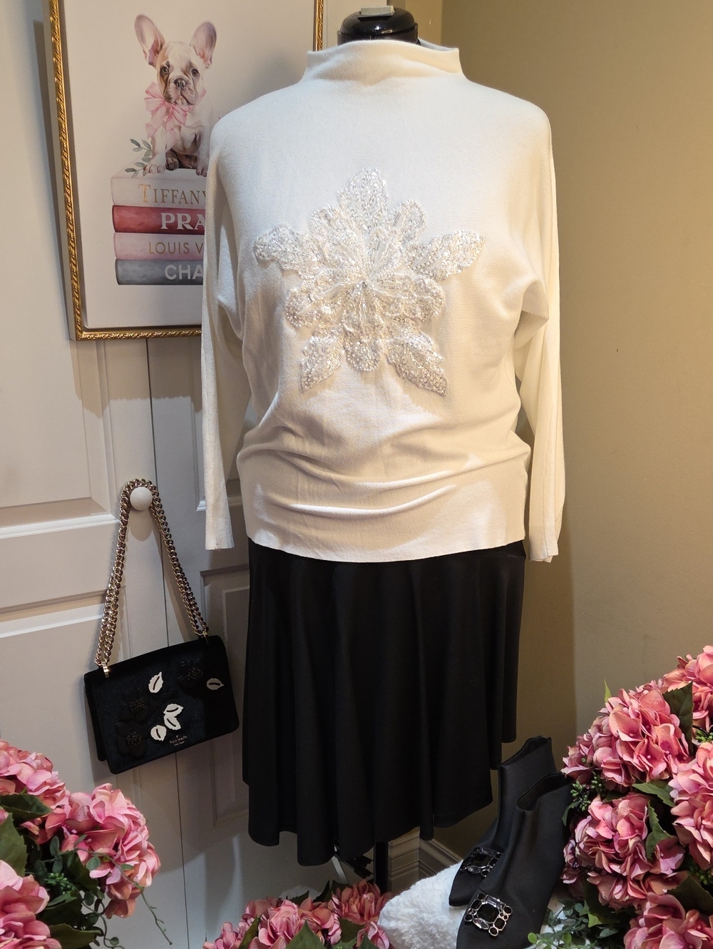 Nwt XL Liv Milano Women's Cream Beaded Snowflake Turtleneck Sweater